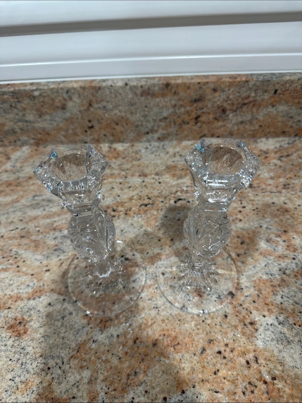 (2) 6.5 inch Elegant Clear Crystal Cut Candlestick Pair